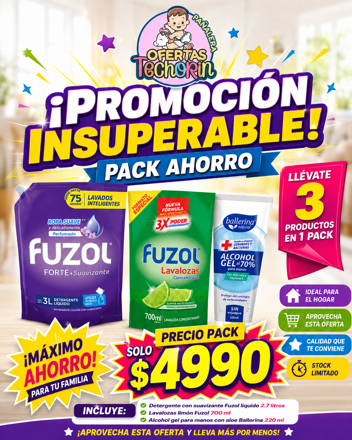 PACK FUZOL DET LIQUIDO 2.7 LITROS+LAVALOZAS 700 ML+ALCOHOL GEL 220 ML