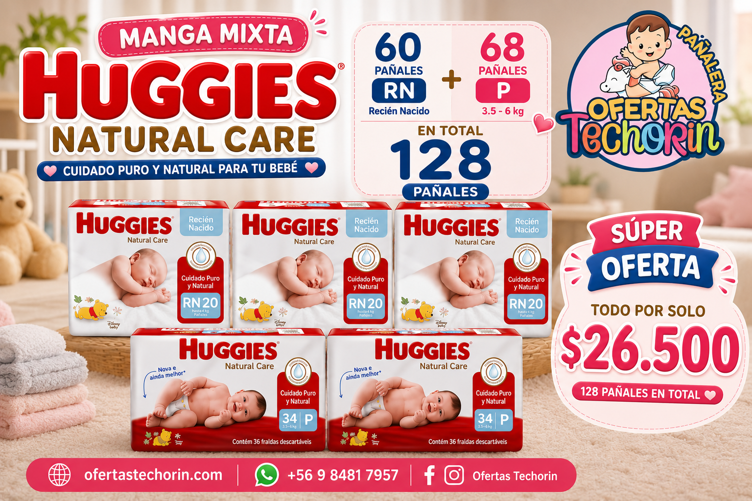 HUGGIES NATURAL CARE MANGA MEZCLADA RN+P 128 PAÑALES