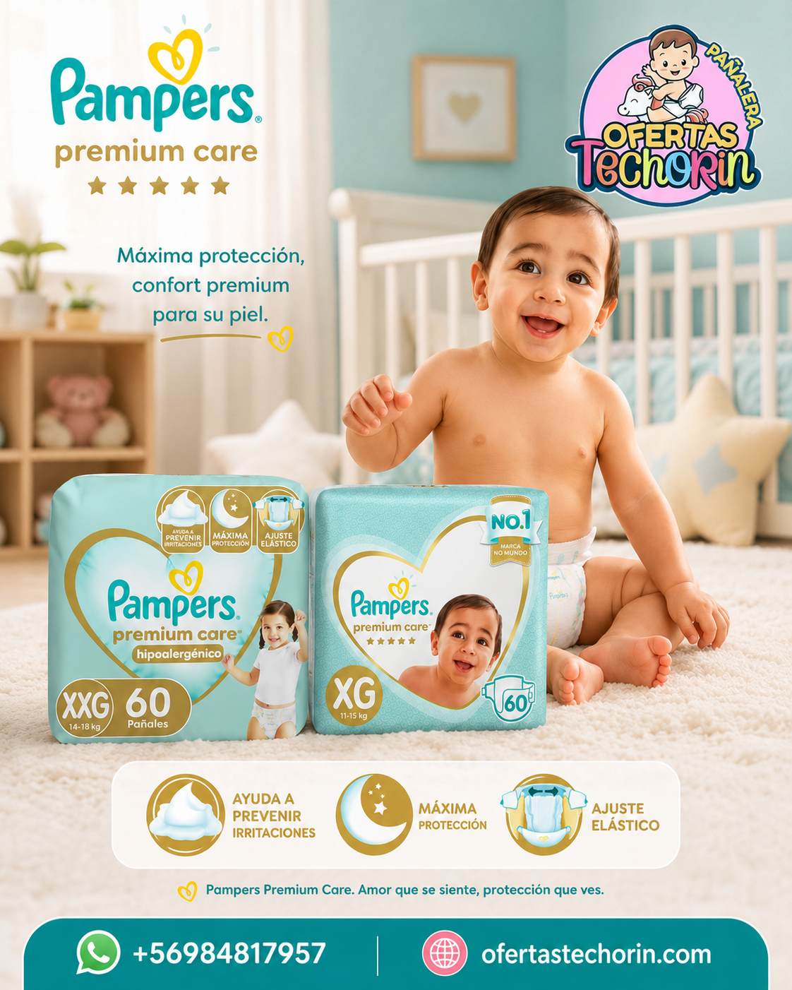 PAMPERS PREMIUM CARE MALETA 60 UNID. ELIGE TALLA